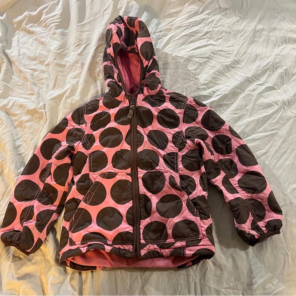 Girls Mini Boden Pink and Brown Puffer Jacket with Hood